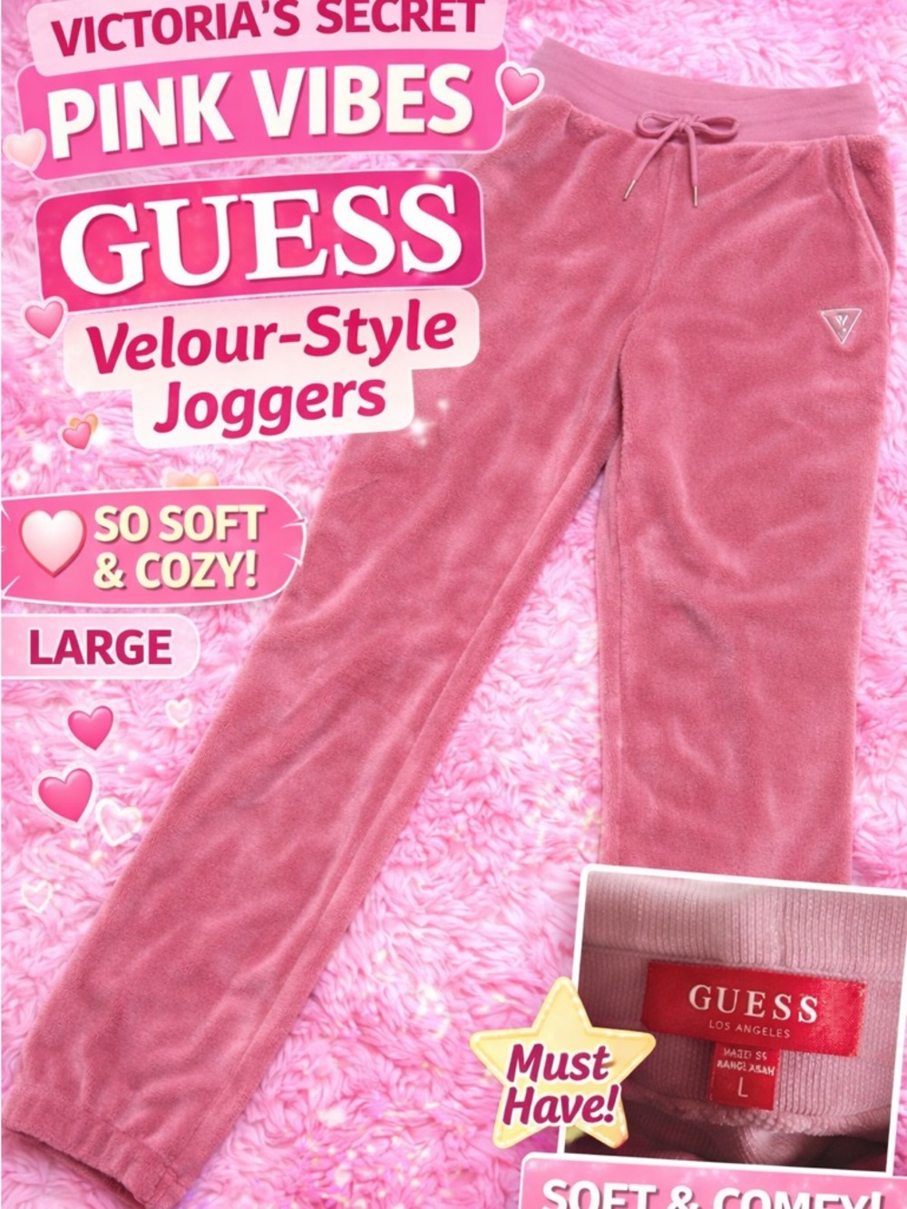 Y2K Guess Pink Velour Style Joggers Cozy Lounge VS Pink Vibes Size L